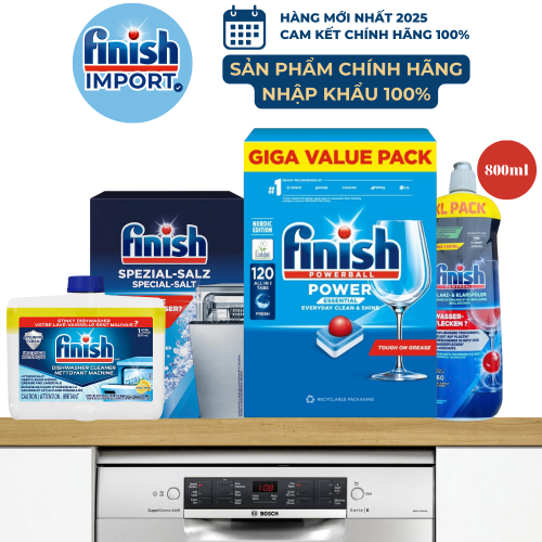 Combo 4 món: Hộp 120 viên Finish Essential hương soda + 1,2kg muối Finish + 800ml nước làm bóng + 250ml vệ sinh máy Finish